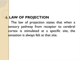 6. LAW OF PROJECTION
The law of projection states that when a
sensory pathway from receptor to cerebral
cortex is stimulated at a specific site, the
sensation is always felt at that site.
 