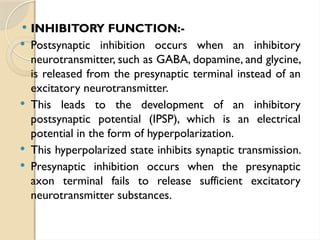  INHIBITORY FUNCTION:-
 Postsynaptic inhibition occurs when an inhibitory
neurotransmitter, such as GABA, dopamine, and glycine,
is released from the presynaptic terminal instead of an
excitatory neurotransmitter.
 This leads to the development of an inhibitory
postsynaptic potential (IPSP), which is an electrical
potential in the form of hyperpolarization.
 This hyperpolarized state inhibits synaptic transmission.
 Presynaptic inhibition occurs when the presynaptic
axon terminal fails to release sufficient excitatory
neurotransmitter substances.
 