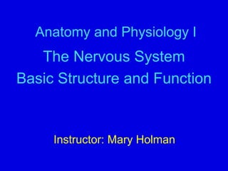 Anatomy and Physiology I
The Nervous System
Basic Structure and Function
Instructor: Mary Holman
 