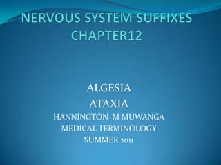 NERVOUS SYSTEM SUFFIXESCHAPTER12 ALGESIA ATAXIA HANNINGTON  M MUWANGA MEDICAL TERMINOLOGY SUMMER 2011 