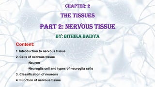 Chapter: 2
The Tissues
Part 2: Nervous tissue
By: Bithika Baidya
Content:
1. Introduction to nervous tissue
2. Cells of nervous tissue
-Neuron
-Neuroglia cell and types of neuroglia cells
3. Classification of neurons
4. Function of nervous tissue
 