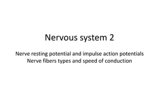 Nervous system 2
Nerve resting potential and impulse action potentials
Nerve fibers types and speed of conduction

 