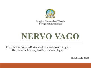 Hospital Provincial de Cabinda
Serviço de Neurocirurgia
NERVO VAGO
Elab: Ercídia Correia (Residente do 1 ano de Neurocirugia)
Orientadores: Marisleydis (Esp. em Neurologia)
Outubro de 2023
 
