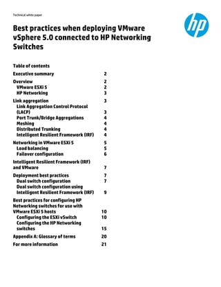 Technical white paper
Best practices when deploying VMware
vSphere 5.0 connected to HP Networking
Switches
Table of contents
Executive summary 2
Overview 2
VMware ESXi 5 2
HP Networking 3
Link aggregation 3
Link Aggregation Control Protocol
(LACP) 3
Port Trunk/Bridge Aggregations 4
Meshing 4
Distributed Trunking 4
Intelligent Resilient Framework (IRF) 4
Networking in VMware ESXi 5 5
Load balancing 5
Failover configuration 6
Intelligent Resilient Framework (IRF)
and VMware 7
Deployment best practices 7
Dual switch configuration 7
Dual switch configuration using
Intelligent Resilient Framework (IRF) 9
Best practices for configuring HP
Networking switches for use with
VMware ESXi 5 hosts 10
Configuring the ESXi vSwitch 10
Configuring the HP Networking
switches 15
Appendix A: Glossary of terms 20
For more information 21
 