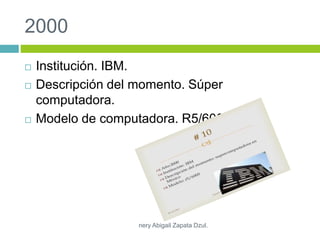 2000
 Institución. IBM.
 Descripción del momento. Súper
computadora.
 Modelo de computadora. R5/6000
nery Abigail Zapata Dzul.
 