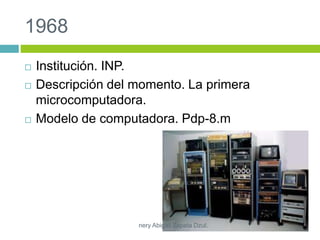 1968
 Institución. INP.
 Descripción del momento. La primera
microcomputadora.
 Modelo de computadora. Pdp-8.m
nery Abigail Zapata Dzul.
 