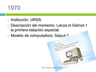 1970
 Institución. URSS.
 Descripción del momento. Lanza el Salinot-1
la primera estación especial.
 Modelo de computadora. Salyut-1.
nery Abigail Zapata Dzul.
 