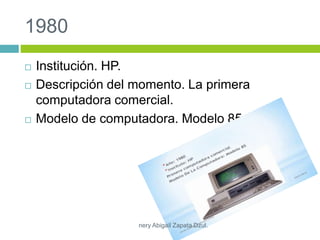 1980
 Institución. HP.
 Descripción del momento. La primera
computadora comercial.
 Modelo de computadora. Modelo 85.
nery Abigail Zapata Dzul.
 