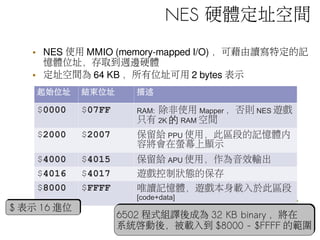 NES 硬體定址空間
• NES 使用 MMIO (memory-mapped I/O) ，可藉由讀寫特定的記
憶體位址，存取到週邊硬體
• 定址空間為 64 KB ，所有位址可用 2 bytes 表示
起始位址 結束位址 描述
$0000 $07FF RAM: 除非使用 Mapper ，否則 NES 遊戲
只有 2K 的 RAM 空間
$2000 $2007 保留給 PPU 使用，此區段的記憶體內
容將會在螢幕上顯示
$4000 $4015 保留給 APU 使用，作為音效輸出
$4016 $4017 遊戲控制狀態的保存
$8000 $FFFF 唯讀記憶體，遊戲本身載入於此區段
[code+data]
$ 表示 16 進位$ 表示 16 進位
6502 程式組譯後成為 32 KB binary ，將在
系統啟動後，被載入到 $8000 - $FFFF 的範圍
6502 程式組譯後成為 32 KB binary ，將在
系統啟動後，被載入到 $8000 - $FFFF 的範圍
 
