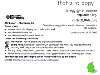 Rights to copy
Attribution – ShareAlike 3.0
You are free
to copy, distribute, display, and perform the work
to make derivative works
to make commercial use of the work
Under the following conditions
Attribution. You must give the original author credit.
Share Alike. If you alter, transform, or build upon this work, you may distribute the
resulting work only under a license identical to this one.
For any reuse or distribution, you must make clear to others the license terms of this work.
Any of these conditions can be waived if you get permission from the copyright holder.
Your fair use and other rights are in no way affected by the above.
License text: http://creativecommons.org/licenses/by-sa/3.0/legalcode
© Copyright 2013 0xlab
http://0xlab.org/
contact@0xlab.org
Corrections, suggestions, contributions and translations
are welcome!
Latest update:Jul 22, 2013
 