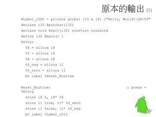 原本的輸出 (1)
@Label_c000 = private global [15 x i8] c"Hello, World!0A00"
declare i32 @putchar(i32)
declare void @exit(i32) noreturn nounwind
define i32 @main() {
Entry:
%X = alloca i8
%Y = alloca i8
%A = alloca i8
%S_neg = alloca i1
%S_zero = alloca i1
br label %Reset_Routine
Reset_Routine: ; preds =
%Entry
store i8 0, i8* %X
store i1 true, i1* %S_zero
store i1 false, i1* %S_neg
br label %Label_c011
 