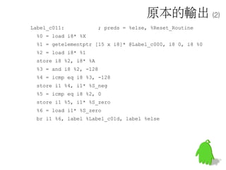 原本的輸出 (2)
Label_c011: ; preds = %else, %Reset_Routine
%0 = load i8* %X
%1 = getelementptr [15 x i8]* @Label_c000, i8 0, i8 %0
%2 = load i8* %1
store i8 %2, i8* %A
%3 = and i8 %2, -128
%4 = icmp eq i8 %3, -128
store i1 %4, i1* %S_neg
%5 = icmp eq i8 %2, 0
store i1 %5, i1* %S_zero
%6 = load i1* %S_zero
br i1 %6, label %Label_c01d, label %else
 