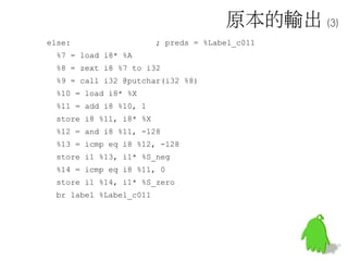 原本的輸出 (3)
else: ; preds = %Label_c011
%7 = load i8* %A
%8 = zext i8 %7 to i32
%9 = call i32 @putchar(i32 %8)
%10 = load i8* %X
%11 = add i8 %10, 1
store i8 %11, i8* %X
%12 = and i8 %11, -128
%13 = icmp eq i8 %12, -128
store i1 %13, i1* %S_neg
%14 = icmp eq i8 %11, 0
store i1 %14, i1* %S_zero
br label %Label_c011
 