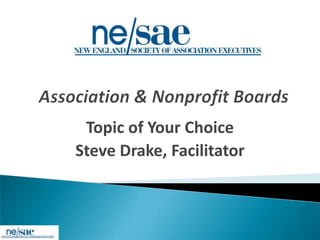Topic of Your Choice
Steve Drake, Facilitator
 
