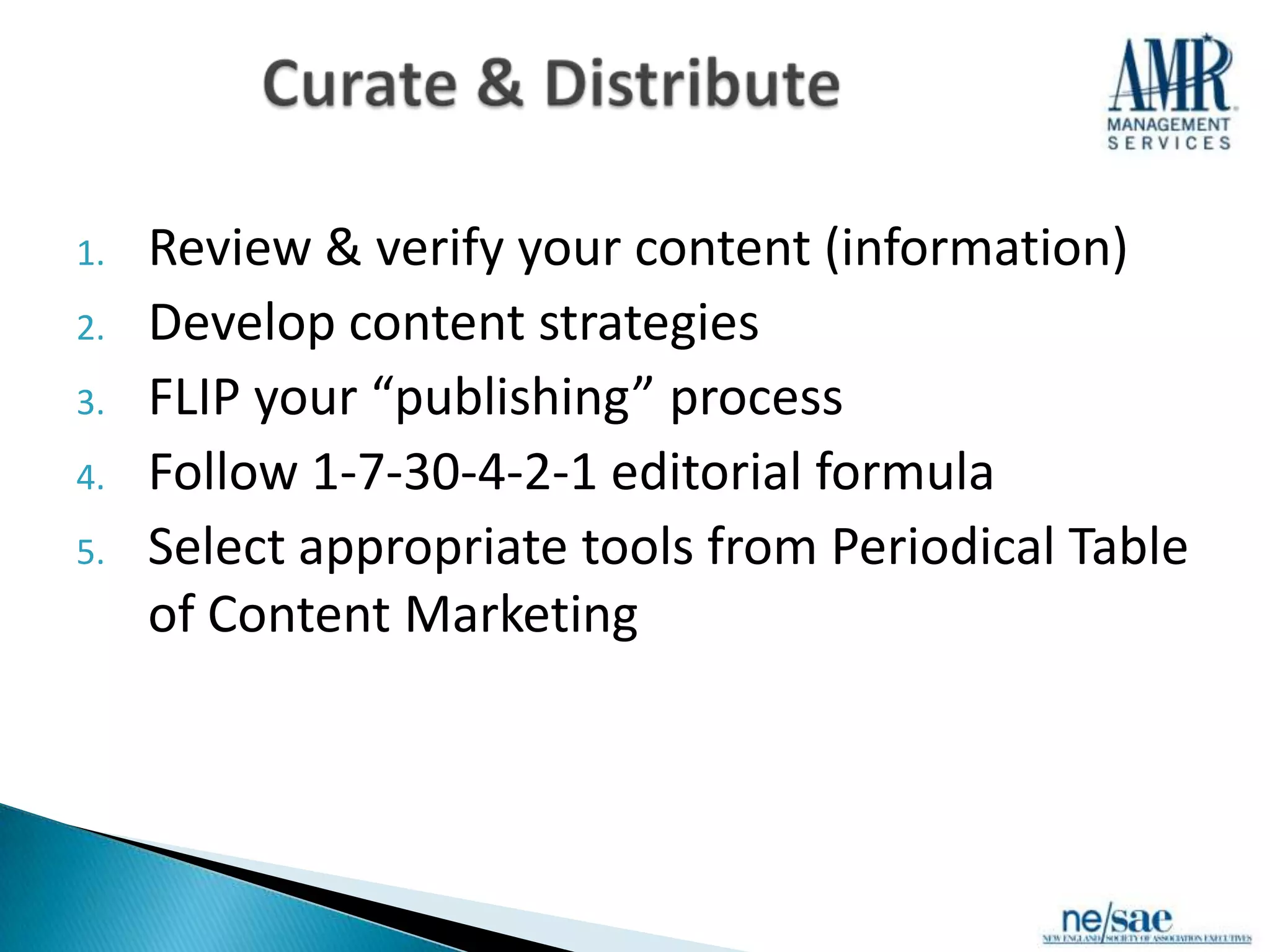 1.   Review & verify your content (information)
2.   Develop content strategies
3.   FLIP your “publishing” process
4.   Follow 1-7-30-4-2-1 editorial formula
5.   Select appropriate tools from Periodical Table
     of Content Marketing
 