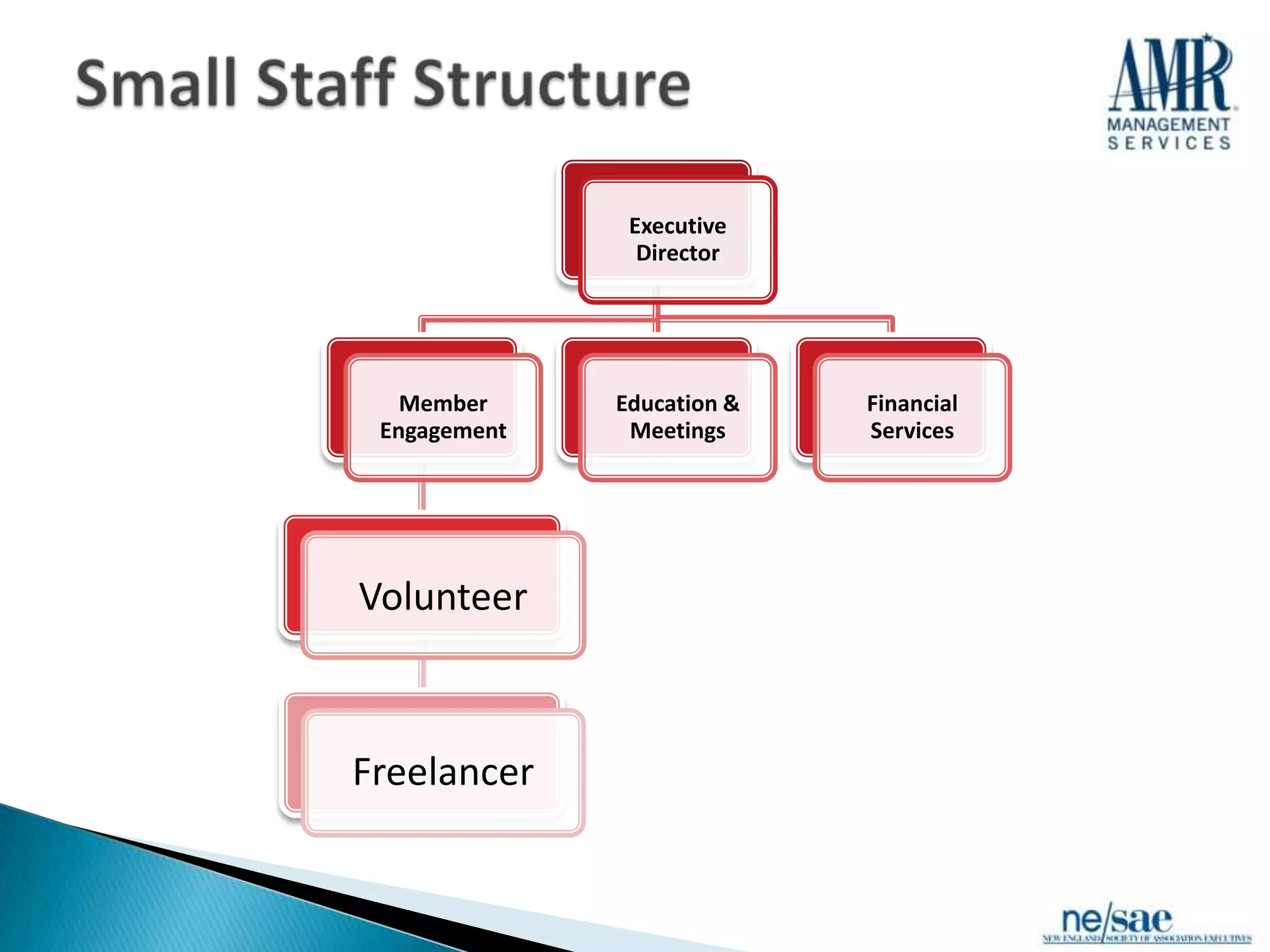 Executive
                Director




   Member     Education &   Financial
 Engagement    Meetings     Services




Volunteer



Freelancer
 