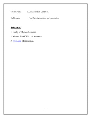 12
Seventh week :-Analysis of Data Collection.
Eighth week :-Final Report preparation and presentation.
References:
1. Books of Human Resource.
2. Manual from ICICI Life Insurance.
3. www.icici life insurance.
 