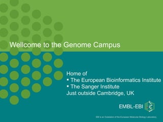 Wellcome to the Genome Campus Home of The European Bioinformatics Institute The Sanger Institute Just outside Cambridge, UK 