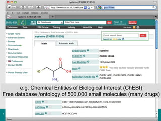 21.05.10 e.g. Chemical Entities of Biological Interest (ChEBI) Free database /ontology of 500,000 small molecules (many drugs) 