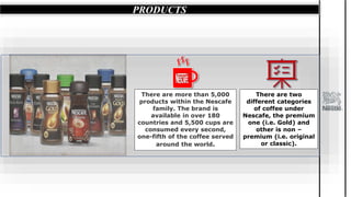PRODUCTS
There are more than 5,000
products within the Nescafe
family. The brand is
available in over 180
countries and 5,500 cups are
consumed every second,
one-fifth of the coffee served
around the world.
There are two
different categories
of coffee under
Nescafe, the premium
one (i.e. Gold) and
other is non –
premium (i.e. original
or classic).
 