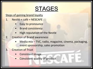 STAGES
Steps of gaining brand loyalty
1. Nestlé + café = NESCAFE
• Easy to pronounce
• Brand consistency
• High reputation of the Nestle
2. Creation of Brand awareness
• Media mix – TVC, radio, magazine, cinema, packaging,
event sponsorship, sales promotion
3. Creation of Trust
• Consistent image
• Consistent quality of product
 