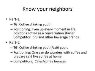 Know your neighbors
• Part-1
– TG: Coffee drinking youth
– Positioning: liven up every moment in life;
positions coffee as a conversation starter
Competitor: Bru and other beverage brands
• Part-2
– TG: Coffee drinking youth/café goers
– Positioning: One can do wonders with coffee and
prepare café like coffee at home
– Competitors: Cafes/coffee lounges
 