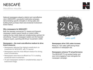 2
National newspapers played a distinct and cost-effective
role in NESCAFÉ’s successful multimedia campaign,
demonstrating specific strengths in driving sales and
building both purchase intent and emotional involvement
brand metrics:
Why newspapers for NESCAFÉ?
Both the heaviest commercial TV viewers and frequent
newspaper readers spend heavily on instant coffee –
making the two media ideal and complementary partners for
advertising. Frequent newspaper readers are the heaviest
category buyers, spending £28.59 per household in 2009.
Newspapers – the most cost-effective medium to drive
brand measures
•  Newspapers delivered the highest overall return on
investment for NESCAFÉ, with TV second
•  Newspapers were the most efficient medium for driving
brand consideration
•  Newspapers were twice as efficient as TV in creating
emotional brand involvement
•  TV and newspapers worked in complementary ways to
build brand image.
NESCAFÉ
Headline results
sales uplift
Newspapers drive 2.6% sales increase
Rising to 7.5% sales uplift among those
exposed to 5 newspaper ads.
Newspapers enhance TV ad performance
The NESCAFÉ TV ad worked harder and
was more engaging if seen alongside the
newspaper campaign.
 