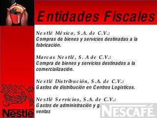 Entidades Fiscales  Nestlé México, S.A. de C.V.:   Compras de bienes y servicios destinadas a la fabricación.  Marcas Nestlé, S. A de C.V.:  Compra de bienes y servicios destinados a la comercialización.  Nestlé Distribución, S.A. de C.V.:  Gastos de distribución en Centros Logísticos. Nestlé Servicios, S.A. de C.V.:  Gastos de administración y gastos de la fuerza de ventas 