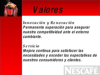 Valores  Innovación y Renovación Permanente superación para asegurar nuestra competitividad ante el entorno cambiante. Servicio Mejora continua para satisfacer las necesidades y exceder las expectativas de nuestros consumidores y clientes. 