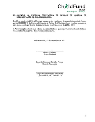 19
25. INCÊNDIO NA EMPRESA PRESTADORA DE SERVIÇO DE GUARDA DE
DOCUMENTAÇÃO DO CHILDFUND BRASIL
Em 03 de outubro de 2014, a Memovip teve parte das instalações de sua sede incendiada (Laudo
pericial 0000542/15 da Primeira Delegacia da Polícia Civil/Contagem) que resultou na queima,
com consequente perda total da documentação fiscal no período de 2010 e 2011.
A Administração entende que é baixa a probabilidade de que sejam futuramente detectadas e
mensuradas novas perdas decorrentes desse assunto.
Belo Horizonte, 31 de dezembro de 2017
_____________________________
Gerson Pacheco
Diretor Nacional
_____________________________
Eduardo Henrique Ramalho França
Gerente Financeiro
_____________________________
Sérgio Alexandre dos Santos Filho
Contador CRC MG 108686/O-8
 