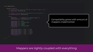 Mappers are tightly coupled with everything
class MapperTable {
companion object {
/** Human-readable names for iNES/NES 2.0 mapper numbers 0-254. */
val mapperName: Array<String>
/** Whether a given mapper is implemented by this emulator. */
val mapperSupported: BooleanArray
init {
mapperName = Array(255) { "Unknown Mapper" }
mapperSupported = BooleanArray(255)
mapperName[ 0] = "NROM"
mapperName[ 1] = "Nintendo MMC1"
mapperName[ 2] = "UxROM"
mapperName[ 3] = "CNROM"
mapperName[ 4] = "Nintendo MMC3"
// …and so on
mapperSupported[0] = true // NROM
mapperSupported[1] = true // MMC1
mapperSupported[2] = true // UxROM
mapperSupported[3] = true // CNROM
mapperSupported[4] = true // MMC3
// …and so on
}
}
}
Compatibility grows with amount of
mappers implemented
 