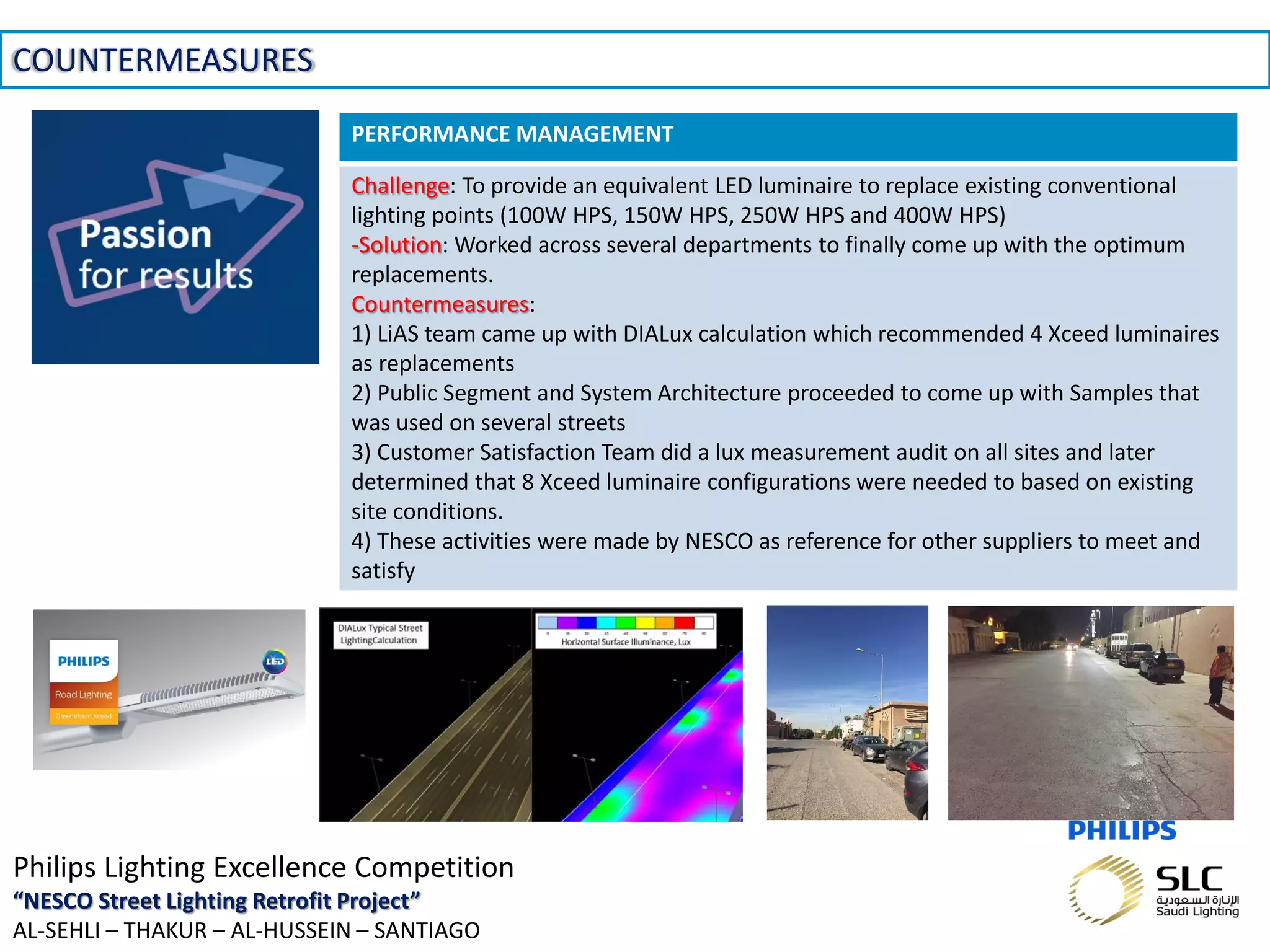 November 01, 2013 _Sector Confidential12
COUNTERMEASURES
Philips Lighting Excellence Competition
“NESCO Street Lighting Retrofit Project”
AL-SEHLI – THAKUR – AL-HUSSEIN – SANTIAGO
PERFORMANCE MANAGEMENT
Challenge: To provide an equivalent LED luminaire to replace existing conventional
lighting points (100W HPS, 150W HPS, 250W HPS and 400W HPS)
-Solution: Worked across several departments to finally come up with the optimum
replacements.
Countermeasures:
1) LiAS team came up with DIALux calculation which recommended 4 Xceed luminaires
as replacements
2) Public Segment and System Architecture proceeded to come up with Samples that
was used on several streets
3) Customer Satisfaction Team did a lux measurement audit on all sites and later
determined that 8 Xceed luminaire configurations were needed to based on existing
site conditions.
4) These activities were made by NESCO as reference for other suppliers to meet and
satisfy
 