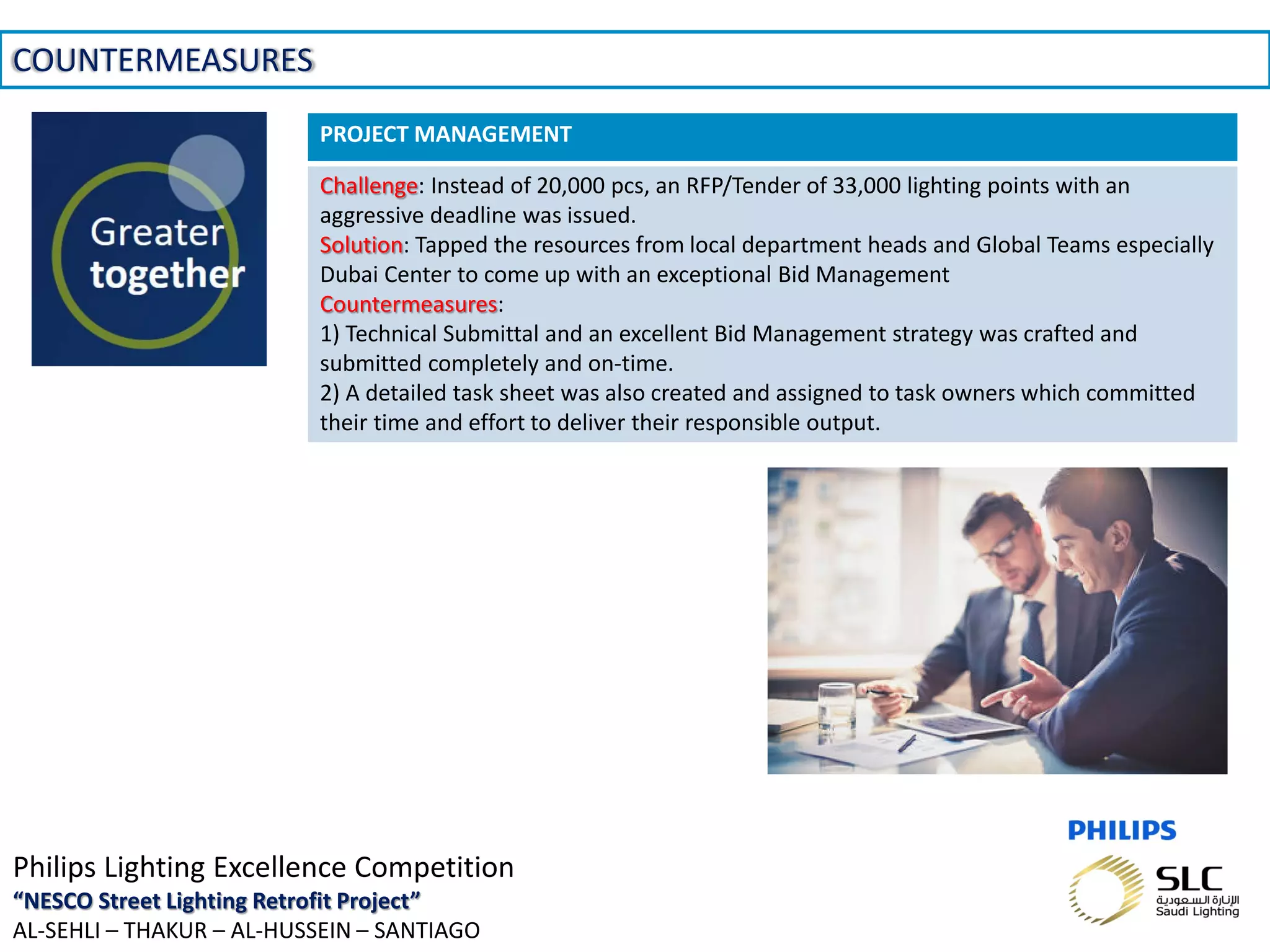 November 01, 2013 _Sector Confidential14
COUNTERMEASURES
Philips Lighting Excellence Competition
“NESCO Street Lighting Retrofit Project”
AL-SEHLI – THAKUR – AL-HUSSEIN – SANTIAGO
PROJECT MANAGEMENT
Challenge: Instead of 20,000 pcs, an RFP/Tender of 33,000 lighting points with an
aggressive deadline was issued.
Solution: Tapped the resources from local department heads and Global Teams especially
Dubai Center to come up with an exceptional Bid Management
Countermeasures:
1) Technical Submittal and an excellent Bid Management strategy was crafted and
submitted completely and on-time.
2) A detailed task sheet was also created and assigned to task owners which committed
their time and effort to deliver their responsible output.
 