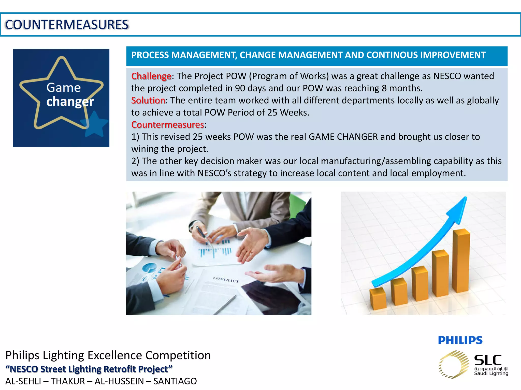 November 01, 2013 _Sector Confidential16
COUNTERMEASURES
Philips Lighting Excellence Competition
“NESCO Street Lighting Retrofit Project”
AL-SEHLI – THAKUR – AL-HUSSEIN – SANTIAGO
PROCESS MANAGEMENT, CHANGE MANAGEMENT AND CONTINOUS IMPROVEMENT
Challenge: The Project POW (Program of Works) was a great challenge as NESCO wanted
the project completed in 90 days and our POW was reaching 8 months.
Solution: The entire team worked with all different departments locally as well as globally
to achieve a total POW Period of 25 Weeks.
Countermeasures:
1) This revised 25 weeks POW was the real GAME CHANGER and brought us closer to
wining the project.
2) The other key decision maker was our local manufacturing/assembling capability as this
was in line with NESCO’s strategy to increase local content and local employment.
 
