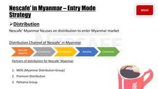 Nescafe’ in Myanmar – Entry Mode
Strategy
Distribution
Nescafe’ Myanmar focuses on distribution to enter Myanmar market
Distribution Channel of Nescafe’ in Myanmar
Nescafe’
(Nestle)
Distributor Wholesaler Retailer Consumer
Partners of distribution for Nescafe’ Myanmar
1. MDG (Myanmar Distribution Group)
2. Premium Distribution
3. Pahtama Group
 