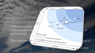 “CXM proactively initiates contact, delivers content,
preemptively solves problems and understands customer
preferences.
Often before the customer requests it or knows they need it.”
Peter Flynn, vice president Stratus
 