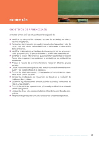 formación general del bachillerato orientado / geografía 17
NESNueva Escuela Secundaria de la Ciudad de Buenos Aires
1ºAño
PRIMER AÑO
Objetivos de aprendizaje
Al finalizar primer año, los estudiantes serán capaces de:
 Identificar los componentes naturales y sociales del ambiente y sus relacio-
nes más importantes.
 Explicar las relaciones entre las condiciones naturales, la puesta en valor de
los recursos y las formas de intervención de la sociedad en la construcción
de los ambientes.
 Identificar problemáticas ambientales de diversos orígenes, los actores so-
ciales que participan y el tipo de relaciones que entre ellos se establecen.
 Identificar el tipo de intervenciones que desarrollan los distintos niveles del
Estado y las organizaciones sociales en la resolución de las problemáticas
ambientales.
 Analizar el impacto de un mismo fenómeno natural en diferentes grupos
sociales.
 Utilizar indicadores demográficos para analizar comparativamente la distri-
bución y las características de la población.
 Conocer las principales causas y consecuencias de los movimientos migra-
torios en las últimas décadas.
 Conocer las modalidades de intervención del Estado en la resolución de
problemas demográficos.
 Establecer algunas relaciones entre situaciones laborales y condiciones de
vida de una población.
 Conocer las variables representadas y los códigos utilizados en diversas
fuentes cartográficas.
 Localizar las áreas y los casos estudiados utilizando las coordenadas geo-
gráficas.
 Interpretar imágenes para formular y/o responder preguntas específicas.
 