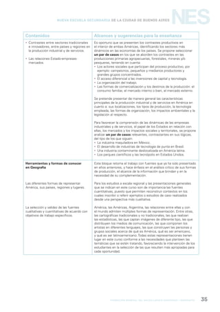 formación general del bachillerato orientado / geografía 35
NESNueva Escuela Secundaria de la Ciudad de Buenos Aires
Contenidos Alcances y sugerencias para la enseñanza
 Contrastes entre sectores tradicionales
e innovadores, entre países y regiones en
la producción industrial y de servicios.
 Las relaciones Estado-empresas-
mercados.
Es oportuno que se presenten los contrastes productivos en
el interior de ambas Américas, identificando los sectores más
dinámicos en las economías de los países. Se propone seleccionar
un par de casos en los que se aborden los contrastes en las
producciones primarias agropecuarias, forestales, mineras y/o
pesqueras, teniendo en cuenta:
 Los actores sociales que participan del proceso productivo, por
ejemplo: campesinos, pequeños y medianos productores y
grandes grupos concentrados.
 El acceso diferencial a las inversiones de capital y tecnología.
 La organización del trabajo.
 Las formas de comercialización y los destinos de la producción: el
consumo familiar, el mercado interno o bien, el mercado externo.
Se pretende presentar de manera general las características
principales de la producción industrial y de servicios en América en
cuanto a: sus localizaciones, los tipos de producción, la tecnología
empleada, las formas de organización, los impactos ambientales y la
legislación al respecto.
Para favorecer la comprensión de las dinámicas de las empresas
industriales y de servicios, el papel de los Estados en relación con
ellas, los mercados y los impactos sociales y territoriales, se propone
analizar un par de casos relevantes, contrastantes en sus lógicas,
del tipo de los que siguen:
 La industria maquiladora en México.
 El desarrollo de industrias de tecnología de punta en Brasil.
 Una industria contaminante deslocalizada en América latina.
 Los parques científicos y las tecnópolis en Estados Unidos.
Herramientas y formas de conocer
en Geografía
Las diferentes formas de representar
América, sus países, regiones y lugares.
La selección y validez de las fuentes
cualitativas y cuantitativas de acuerdo con
objetivos de trabajo específicos.
Este bloque retoma el trabajo con fuentes que ya ha sido presentado
en años anteriores, y hace énfasis en el análisis crítico de sus formas
de producción, el alcance de la información que brindan y en la
necesidad de su complementación.
Para los estudios a escala regional y las presentaciones generales
que se indican en este curso son de importancia las fuentes
cuantitativas, puesto que permiten reconstruir contextos en los
cuales inscribir o referir ejemplos o estudios de caso realizados
desde una perspectiva más cualitativa.
América, las Américas, Argentina, las relaciones entre ellas y con
el mundo admiten múltiples formas de representación. Entre otras,
las cartográficas tradicionales y no tradicionales, las que realizan
las estadísticas, las que captan imágenes de diferente tipo, las que
distribuyen los medios de comunicación, las que componen los
artistas en diferentes lenguajes, las que construyen las personas y
grupos sociales acerca de qué es América, qué es ser americano,
y qué es ser latinoamericano. Todas estas representaciones tienen
lugar en este curso conforme a las necesidades que planteen las
temáticas que se estén tratando, favoreciendo la intervención de los
estudiantes en la selección de las que resulten más apropiadas para
cada oportunidad.
 