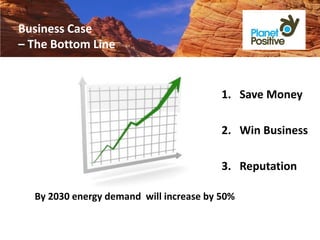 Business Case
– The Bottom Line


                                         1. Save Money

                                         2. Win Business

                                         3. Reputation

  By 2030 energy demand will increase by 50%
 