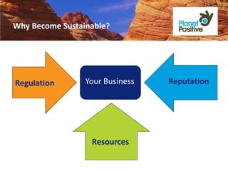 Why Become Sustainable?




Regulation       Your Business   Reputation




                  Resources
 