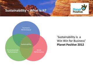 Sustainability – What is it?




                               ‘Sustainability is a
                               Win Win for Business’
                               Planet Positive 2012
 