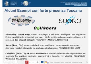 DISIT Lab, Distributed Data Intelligence and Technologies
Distributed Systems and Internet Technologies
Department of Information Engineering (DINFO)
http://www.disit.dinfo.unifi.it

Alcuni Esempi con forte presenza Toscana

Sii‐Mobility (Smart City) nuove tecnologie e soluzioni intelligenti per migliorare
l'interoperabilità dei sistemi di gestione, di infomobilità urbana e metropolitana, e di
accesso a dati integrati collegati. (TRASPORTI E MOBILITÀ TERRESTRE )
Suono (Smart City) aumento della sicurezza del lavoro subacqueo attraverso una 
ricerca su robot di intervento e e scialuppe di salvataggio. (TECNOLOGIE DEL MARE )
Coll@bora (Smart City  Social Innovation) strumenti collaborativi e di protezione nel
supporto fra strutture sanitarie, associazioni e famiglie con disabili. (TECNOLOGIE
WELFARE E INCLUSIONE)
DISIT Lab (DINFO UNIFI), Paolo Nesi, 14 Febbraio 2014

3

 