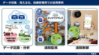 8 © NEC Corporation 2017
データ収集・見える化、設備管理用での活用事例
集計・分析
映像
データ
運行
データ
映像や運行
情報記録
データ閲覧
トラック
営業車
クラウド
遠隔監視データ記録・分析 遠隔制御
 