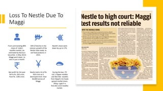 Loss To Nestle Due To
Maggi
From commanding 80%
share of India’s
noodles market, (as
estimated by Nomura
Securities in May 2015)
Maggi went down to
zero in just a month.
50% of decline in the
volume growth of the
Nestle India ready to
eat food products in
2015.
Nestlé's share went
down by up to 17%.
Net profit for the year
fell to Rs. 563 crore,
from Rs. 1185 crore.
Nestle took a hit of Rs
450 crore as it
destroyed more than
30,000 tonnes of
Maggi.
During the ban, ITC
Ltd.'s Yippee noodles
and Wai Wai noodles
from Nepal’s CG Foods
gained market share,
filling a gap in a
Rs3,182-crore noodles
market.
 