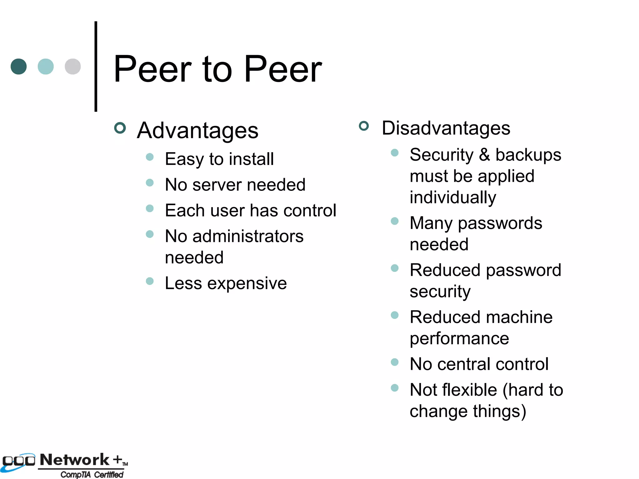 Peer to Peer 
 Advantages 
 Easy to install 
 No server needed 
 Each user has control 
 No administrators 
needed 
 Less expensive 
 Disadvantages 
 Security & backups 
must be applied 
individually 
 Many passwords 
needed 
 Reduced password 
security 
 Reduced machine 
performance 
 No central control 
 Not flexible (hard to 
change things) 
 