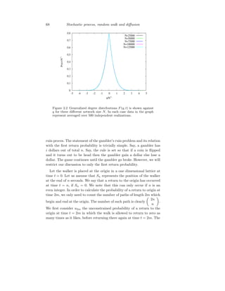 68 Stochastic process, random walk and diffusion
0
0.1
0.2
0.3
0.4
0.5
0.6
0.7
0.8
-5 -4 -3 -2 -1 0 1 2 3 4 5
P(n)×N
1/
2
n/N1/2
N=25000
N=50000
N=75000
N=100000
N=125000
Figure 2.2 Generalized degree distributions F(q, t) is shown against
q for three different network size N. In each case data in the graph
represent averaged over 500 independent realizations.
ruin proces. The statement of the gambler’s ruin problem and its relation
with the first return probability is trivially simple. Say, a gambler has
i dollars out of total n. Say, the rule is set so that if a coin is flipped
and it turns out to be head then the gambler gain a dollar else lose a
dollar. The game continues until the gambler go broke. However, we will
restrict our discussion to only the first return probability.
Let the walker is placed at the origin in a one dimensional lattice at
time t = 0. Let us assume that Sn represents the position of the walker
at the end of n seconds. We say that a return to the origin has occurred
at time t = n, if Sn = 0. We note that this can only occur if n is an
even integer. In order to calculate the probability of a return to origin at
time 2m, we only need to count the number of paths of length 2m which
begin and end at the origin. The number of such path is clearly

2n
n

.
We first consider u2m the unconstrained probability of a return to the
origin at time t = 2m in which the walk is allowed to return to zero as
many times as it likes, before returning there again at time t = 2m. The
 