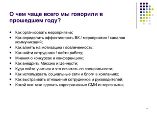 О чем чаще всего мы говорили в прошедшем году? Как организовать мероприятие; Как определить эффективность ВК / мероприятия / каналов коммуникаций; Как влиять на мотивацию / вовлеченность; Как найти сотрудника / найти работу; Мнения о конкурсах и конференциях; Как внедрить Миссию и Ценности; Куда пойти учиться и что почитать по специальности; Как использовать социальные сети и блоги в компаниях; Как выстраивать отношения сотрудников и руководителей; Какой все-таки сделать корпоративные СМИ интересными; 