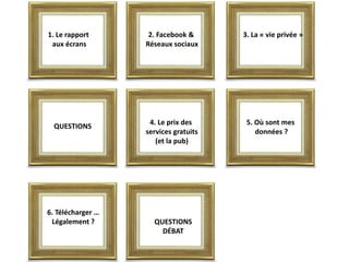 1. Le rapport 
aux écrans 
2. Facebook & 
Réseaux sociaux 
3. La « vie privée » 
4. Le prix des 
services gratuits 
(et la...