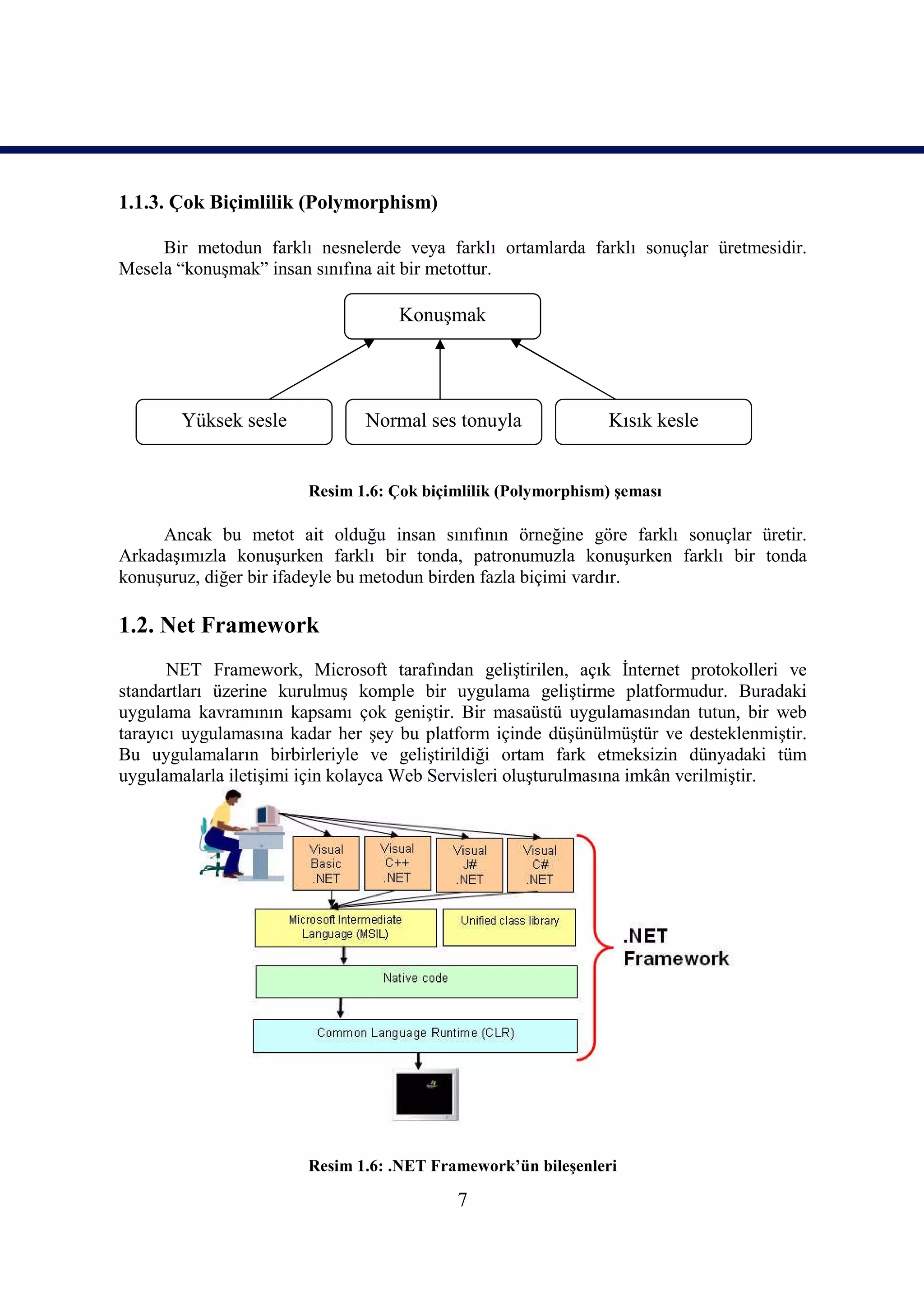 1.1.3. Çok Biçimlilik (Polymorphism)

     Bir metodun farklı nesnelerde veya farklı ortamlarda farklı sonuçlar üretmesidir.
Mesela “konuşmak” insan sınıfına ait bir metottur.

                                    Konuşmak




        Yüksek sesle           Normal ses tonuyla              Kısık kesle


                        Resim 1.6: Çok biçimlilik (Polymorphism) şeması

     Ancak bu metot ait olduğu insan sınıfının örneğine göre farklı sonuçlar üretir.
Arkadaşımızla konuşurken farklı bir tonda, patronumuzla konuşurken farklı bir tonda
konuşuruz, diğer bir ifadeyle bu metodun birden fazla biçimi vardır.

1.2. Net Framework
       NET Framework, Microsoft tarafından geliştirilen, açık İnternet protokolleri ve
standartları üzerine kurulmuş komple bir uygulama geliştirme platformudur. Buradaki
uygulama kavramının kapsamı çok geniştir. Bir masaüstü uygulamasından tutun, bir web
tarayıcı uygulamasına kadar her şey bu platform içinde düşünülmüştür ve desteklenmiştir.
Bu uygulamaların birbirleriyle ve geliştirildiği ortam fark etmeksizin dünyadaki tüm
uygulamalarla iletişimi için kolayca Web Servisleri oluşturulmasına imkân verilmiştir.




                        Resim 1.6: .NET Framework’ün bileşenleri

                                           7
 