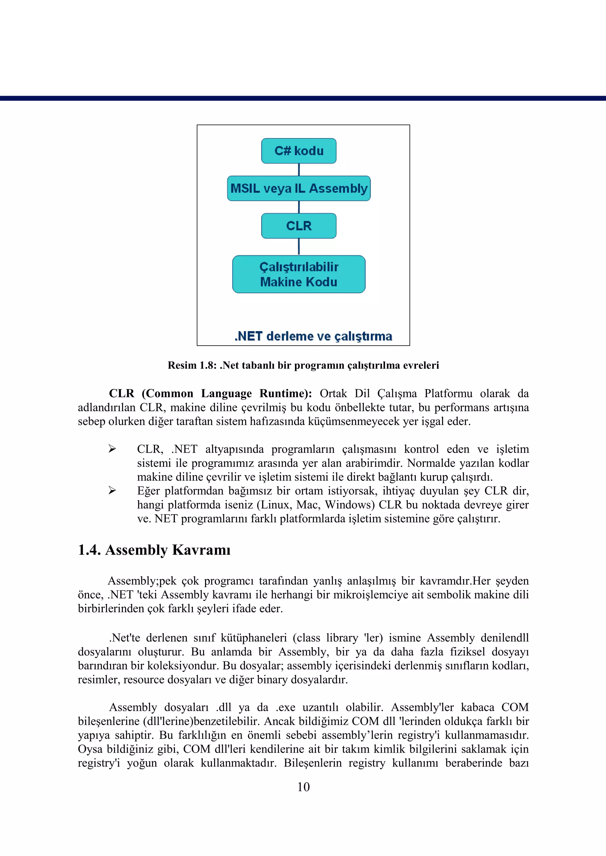 Resim 1.8: .Net tabanlı bir programın çalıştırılma evreleri

      CLR (Common Language Runtime): Ortak Dil Çalışma Platformu olarak da
adlandırılan CLR, makine diline çevrilmiş bu kodu önbellekte tutar, bu performans artışına
sebep olurken diğer taraftan sistem hafızasında küçümsenmeyecek yer işgal eder.

           CLR, .NET altyapısında programların çalışmasını kontrol eden ve işletim
            sistemi ile programımız arasında yer alan arabirimdir. Normalde yazılan kodlar
            makine diline çevrilir ve işletim sistemi ile direkt bağlantı kurup çalışırdı.
           Eğer platformdan bağımsız bir ortam istiyorsak, ihtiyaç duyulan şey CLR dir,
            hangi platformda iseniz (Linux, Mac, Windows) CLR bu noktada devreye girer
            ve. NET programlarını farklı platformlarda işletim sistemine göre çalıştırır.

1.4. Assembly Kavramı
       Assembly;pek çok programcı tarafından yanlış anlaşılmış bir kavramdır.Her şeyden
önce, .NET 'teki Assembly kavramı ile herhangi bir mikroişlemciye ait sembolik makine dili
birbirlerinden çok farklı şeyleri ifade eder.

      .Net'te derlenen sınıf kütüphaneleri (class library 'ler) ismine Assembly denilendll
dosyalarını oluşturur. Bu anlamda bir Assembly, bir ya da daha fazla fiziksel dosyayı
barındıran bir koleksiyondur. Bu dosyalar; assembly içerisindeki derlenmiş sınıfların kodları,
resimler, resource dosyaları ve diğer binary dosyalardır.

       Assembly dosyaları .dll ya da .exe uzantılı olabilir. Assembly'ler kabaca COM
bileşenlerine (dll'lerine)benzetilebilir. Ancak bildiğimiz COM dll 'lerinden oldukça farklı bir
yapıya sahiptir. Bu farklılığın en önemli sebebi assembly’lerin registry'i kullanmamasıdır.
Oysa bildiğiniz gibi, COM dll'leri kendilerine ait bir takım kimlik bilgilerini saklamak için
registry'i yoğun olarak kullanmaktadır. Bileşenlerin registry kullanımı beraberinde bazı

                                              10
 